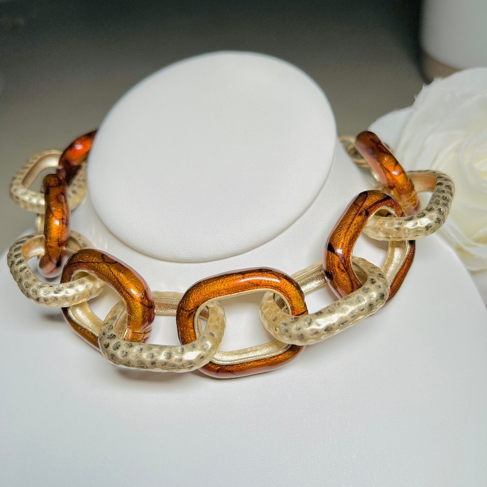 KIAM Family Brown Copper Enamel, Hammered Brass and Gold Tone Link Necklace
